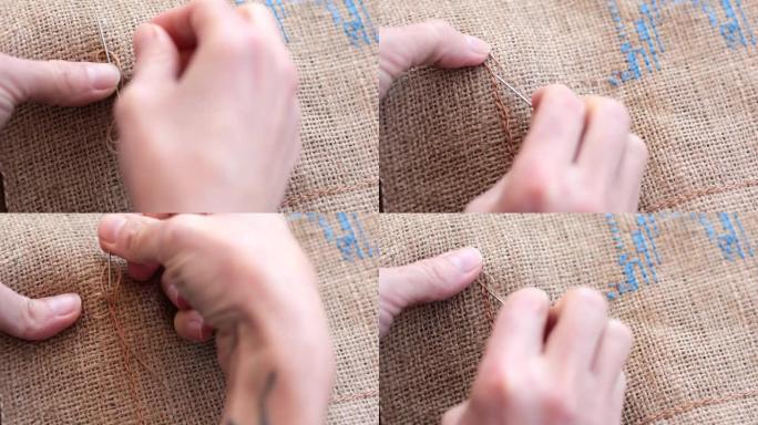 POV手在粗麻布织物上缝制米色线和针的链式针迹