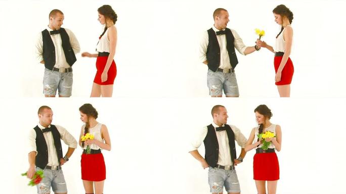 男人遇见女孩，给她花和一束萝卜。
