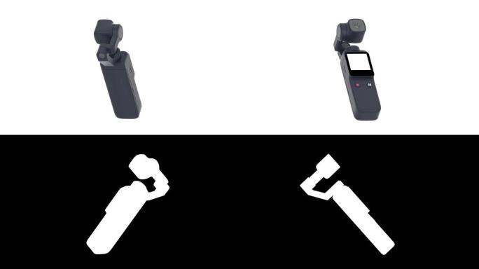 4k分辨率视频: 袖珍手持万向节动作相机模型在白色背景上无缝循环旋转，阿尔法哑光