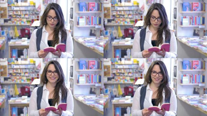 年轻微笑的女学生在书店里看书:寻找一本新书