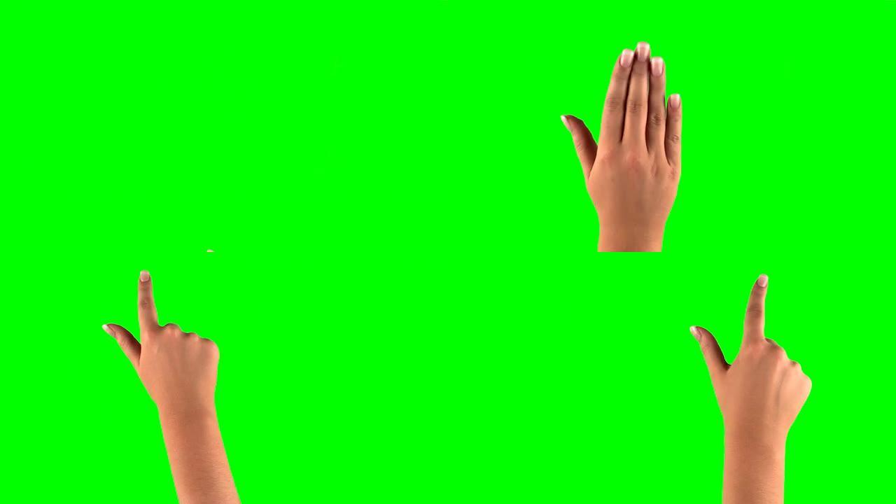 女性触摸屏手势4k源缩小。一组手势。