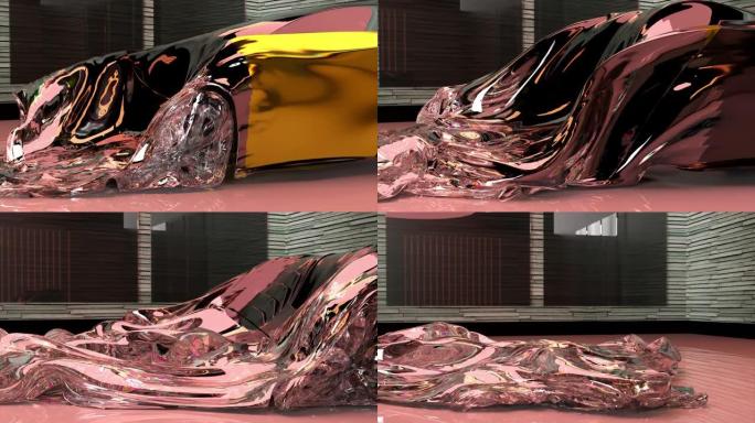 抽象概念。变成透明粉红色薄膜的金色跑车的侧视图。展览项目。