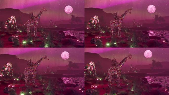 骑着长颈鹿的钻石宇航员站在池塘附近。紫色霓虹色。夜空中的月亮。视频。3d动画。