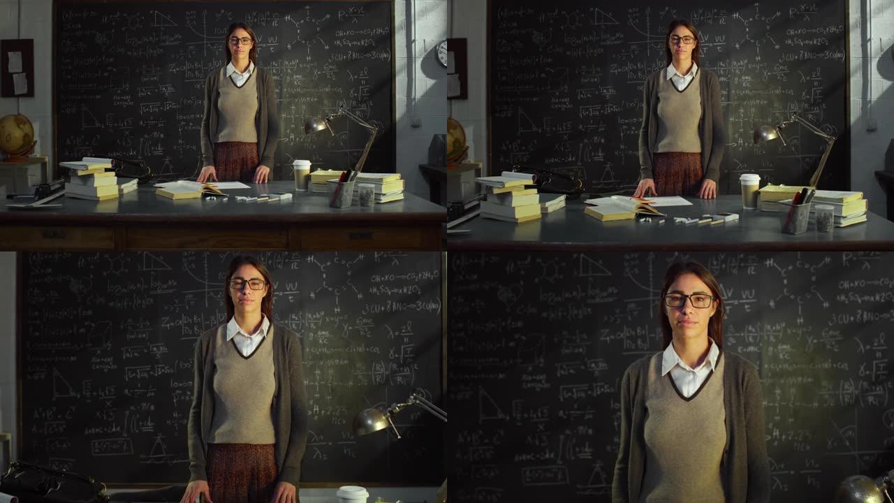 放大: 大学教室里年轻女教师的肖像站在黑板前，用数学公式。大学图书馆的科学女研究员，认真地看着相机