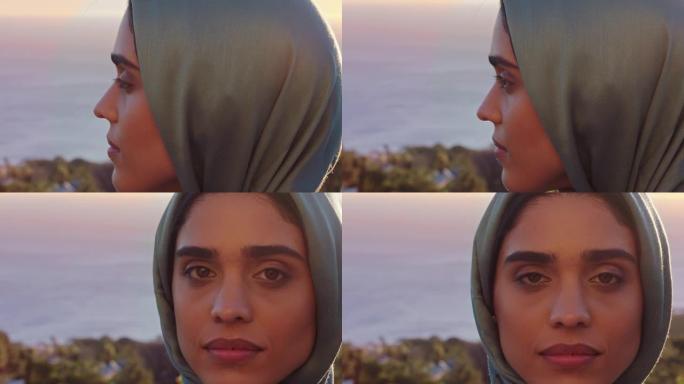 特写肖像迷人的穆斯林妇女看起来自信探索精神享受日落戴头巾头巾