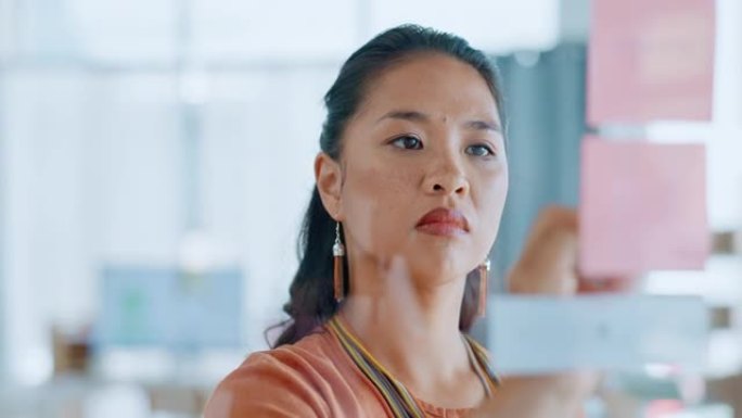 亚洲女性，在办公室的玻璃板上写作和计划任务，想法或提醒的时间表。项目计划、便签或优先考虑、营销或广告