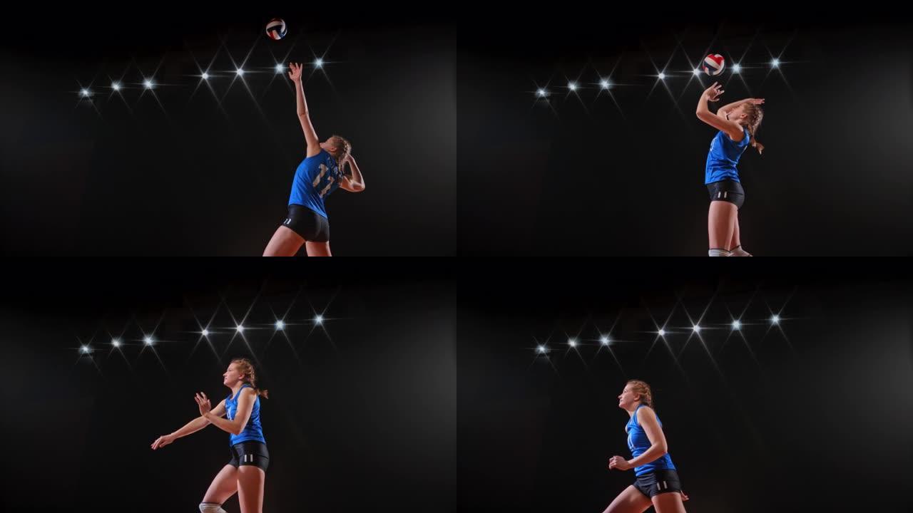身穿蓝色球衣的SLO MO女球员跳高向空中冲击排球