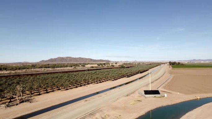 无人机拍摄的亚利桑那州尤马和墨西哥阿尔戈多内斯的镜头捕捉到了壮丽的科罗拉多河沿岸风景优美的棕榈树果园