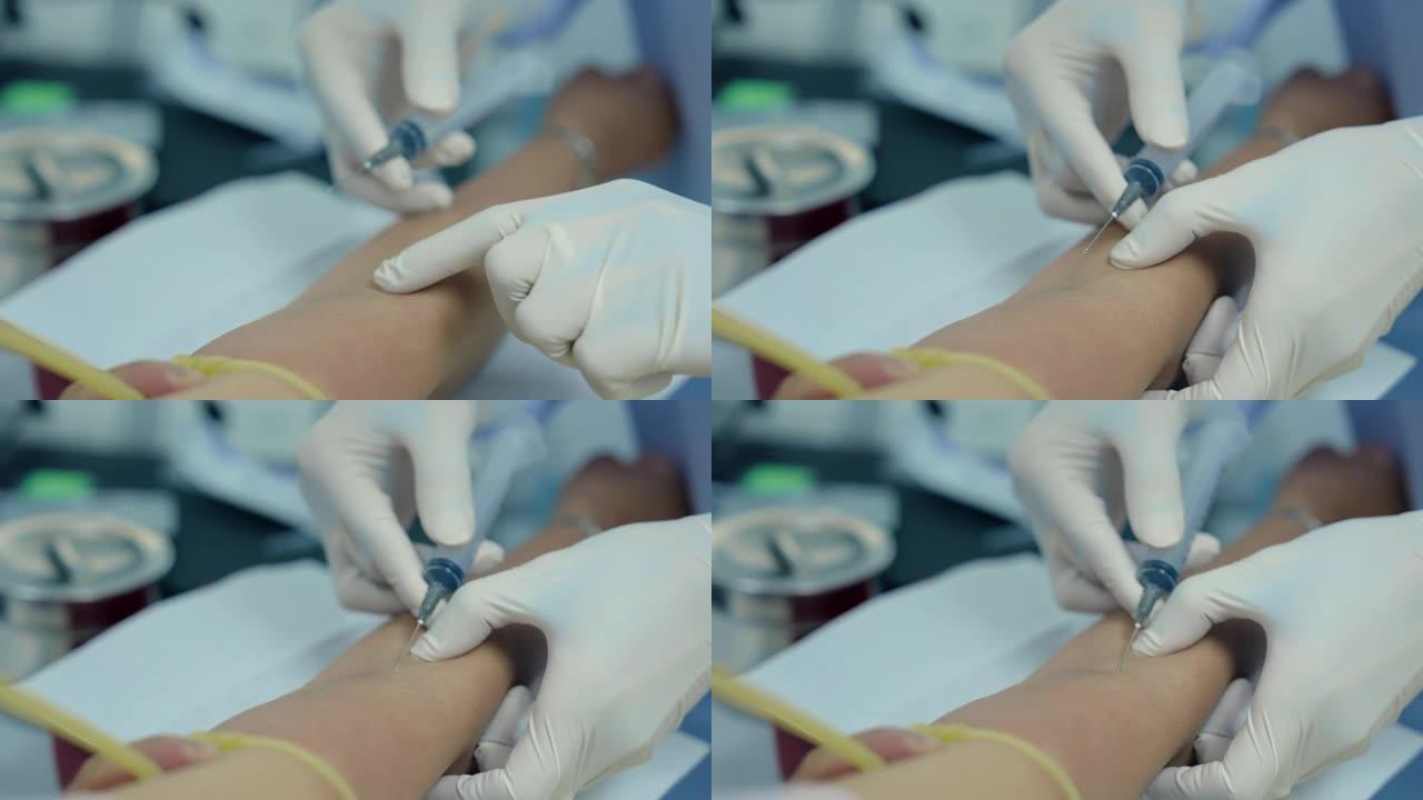 4K，慢速，特写患者的手臂被臂章包扎有医生的手戴着橡胶手套拿着针管将血液吸入患者的手臂，戴橡胶手套清