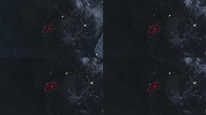 突出显示的卢旺达黑色地图，通过4K照片真实动画地球从太空放大，全景包括非洲、西欧和美国。史诗旋转的世