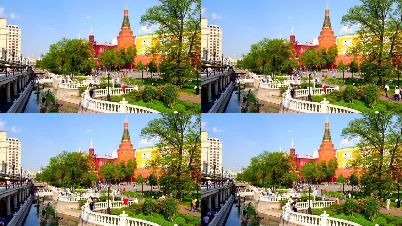 莫斯科克里姆林宫和Manejnaya广场上的喷泉。