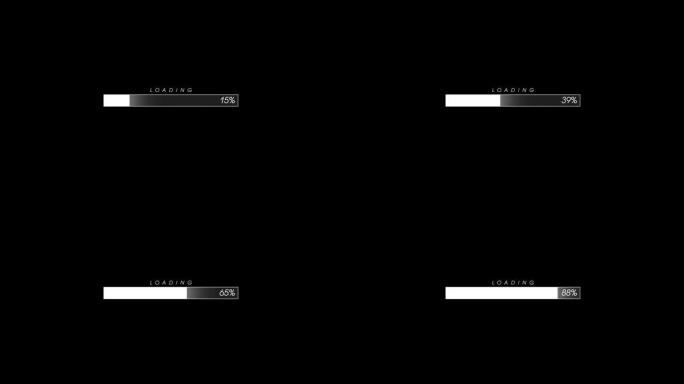 加载进度条下载栏加载屏幕像素化进度动画。状态栏，处理从0到黑色背景上的100传输。百分比指标。运行酒