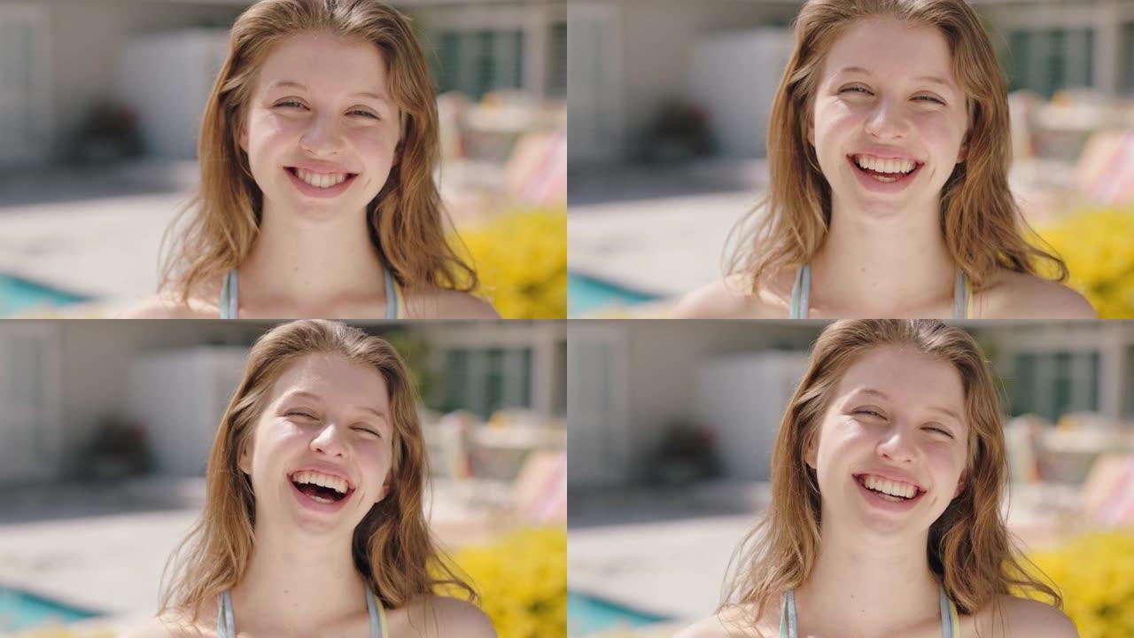 肖像美丽的年轻女子微笑着享受夏日奔跑双手穿过红头发享受快乐假期与健康晒黑游泳池夏季生活方式推荐概念4