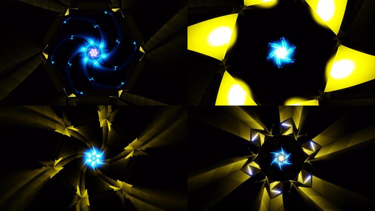 音乐活动和节日vj循环黑暗中的动画蓝黄星分形隧道