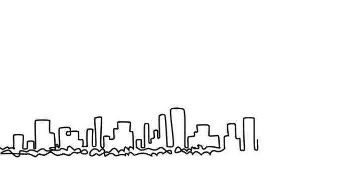 现代城市景观连续单线绘制动画。大都市建筑全景景观。纽约摩天大楼手绘剪影