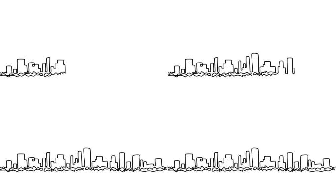 现代城市景观连续单线绘制动画。大都市建筑全景景观。纽约摩天大楼手绘剪影