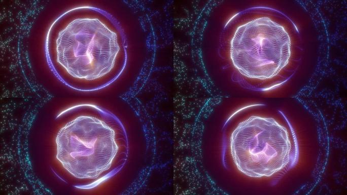 黑暗背景上神奇发光的粒子和波的抽象能量球，视频4k，60 fps