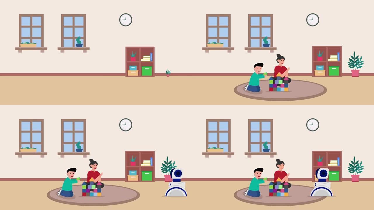 妈妈和儿子玩立方体叫国产机器人2d动画