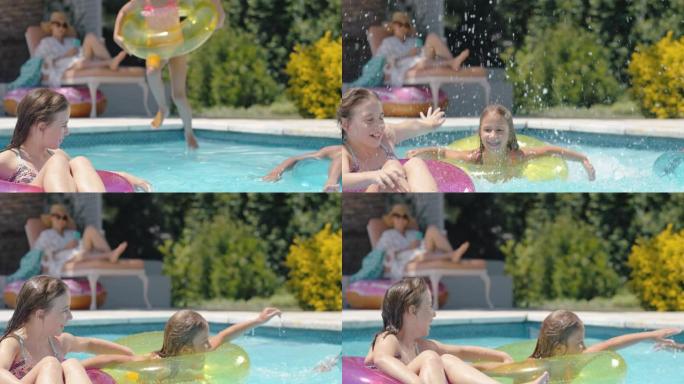 快乐的孩子在游泳池里游泳，带彩色游泳管充气玩具，孩子们嬉戏地在水上嬉戏玩耍，一起玩乐，享受暑假