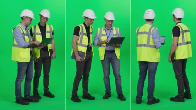 三合一绿屏拼贴画: 中年工业工程师与一位年轻的建筑专家交谈，工人穿着高可见度背心，使用笔记本电脑。色