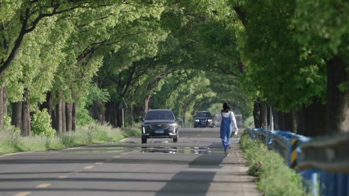 女生在武汉蔡甸千洪路美丽的乡村公路旁行走