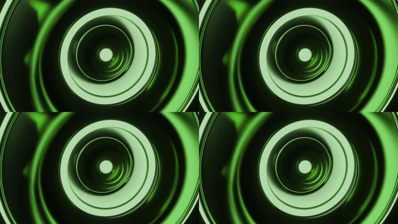绿色隧道。设计。明亮的计算机图形，其中一个大环在绿色背景上转动隧道