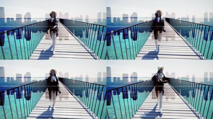 幸福生活方式年轻无忧女人站在现代桥路虚幻的未来城市天际线视图