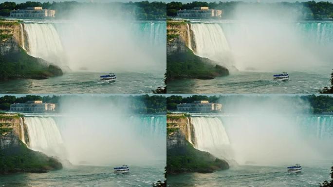 一艘有游客的船从雄伟的尼亚加拉大瀑布游到马蹄瀑布