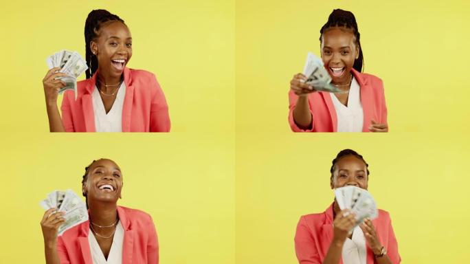 金融，粉丝和赢家，在黄色背景下的工作室里有一个黑人女人，手里拿着现金、金钱或财富。金融、投资和交易在