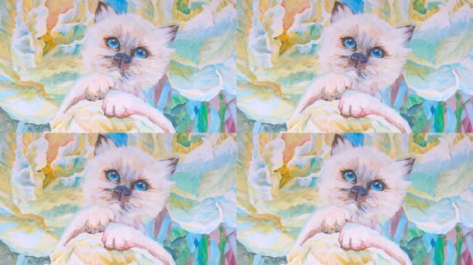 在花朵背景上画一只白色的猫，蓝色深眼睛，米色蓝色的绿松石色在墙上的绘画中占主导地位。用水彩画油画