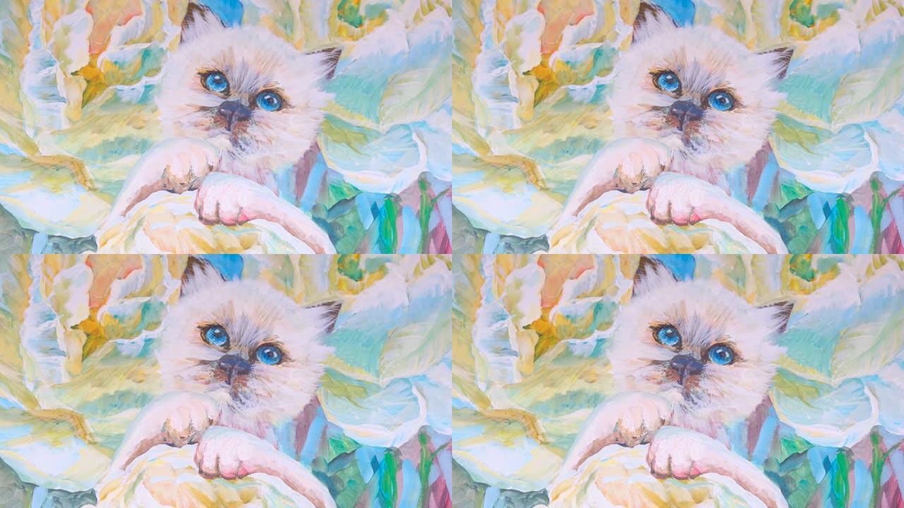 在花朵背景上画一只白色的猫，蓝色深眼睛，米色蓝色的绿松石色在墙上的绘画中占主导地位。用水彩画油画