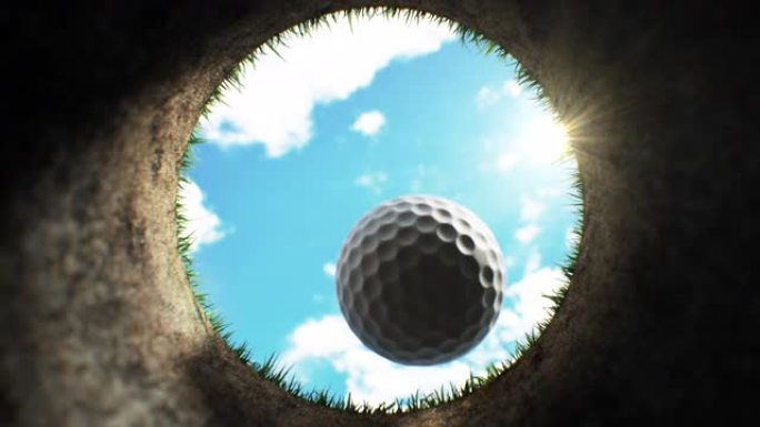 高尔夫球进入洞美丽的3d动画。慢动作特写精确拍摄后，高尔夫球落向高尔夫球场内洞的镜头。体育的概念
