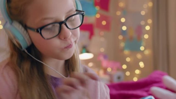 可爱的小女孩用平板电脑听音乐戴着耳机享受在线娱乐孩子在家里用便携式触摸屏设备玩得开心