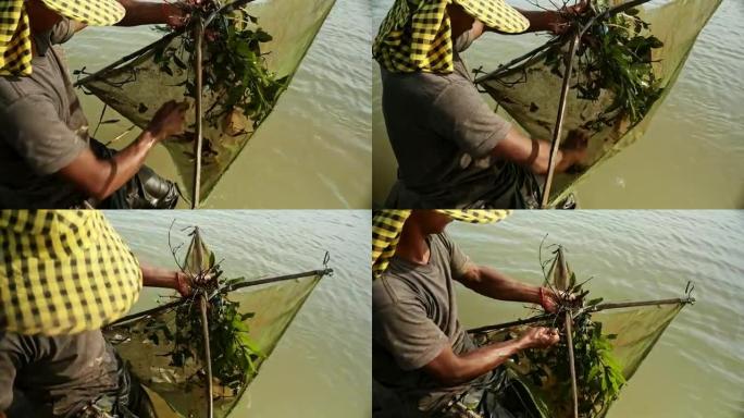 对虾渔夫捕捉虾，诱饵网并将其推入河中更深的上部特写视图