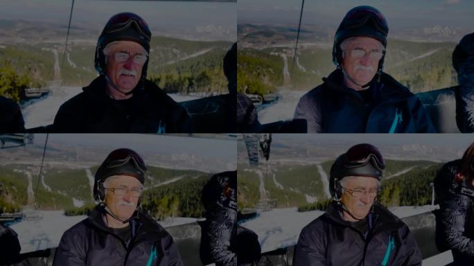 带着女儿和儿子在滑雪缆车上的老人，在冬天欣赏大自然的景色