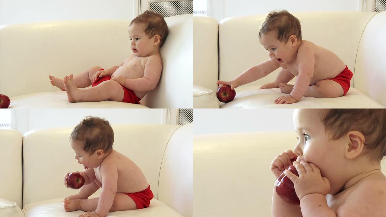 儿童/男婴吃苹果玩苹果
