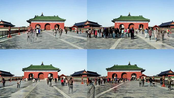 中国北京-2014年11月1日: 从左至右，中国北京天坛的七年殿及其大门