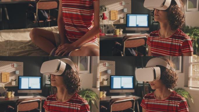 戴着虚拟现实耳机的少女在卧室里移动她的头