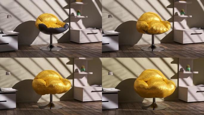 椅子上的灰色织物变成金色的闪光。办公家具。白色墙上的阴影。3d动画。