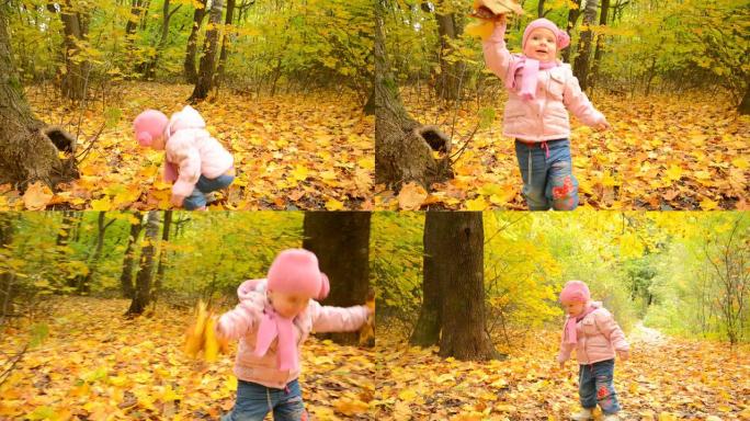 可爱的女孩在秋天的彩色森林里玩黄叶
