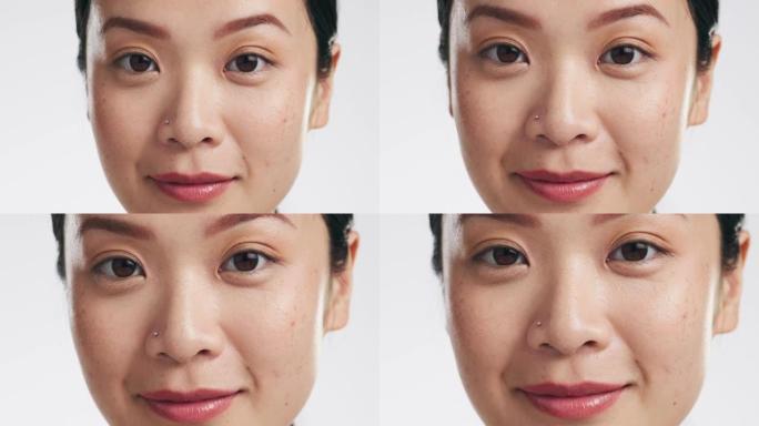 美容，护肤和微笑与亚洲女性在工作室的化妆品，满意度和面部护理。自我护理、发光和化妆，白色背景上的模特