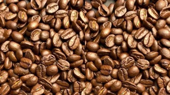 咖啡，咖啡豆，烘焙咖啡豆，咖啡的垂直，咖啡豆的特写，咖啡豆的垂直，咖啡豆的慢动作，背景咖啡