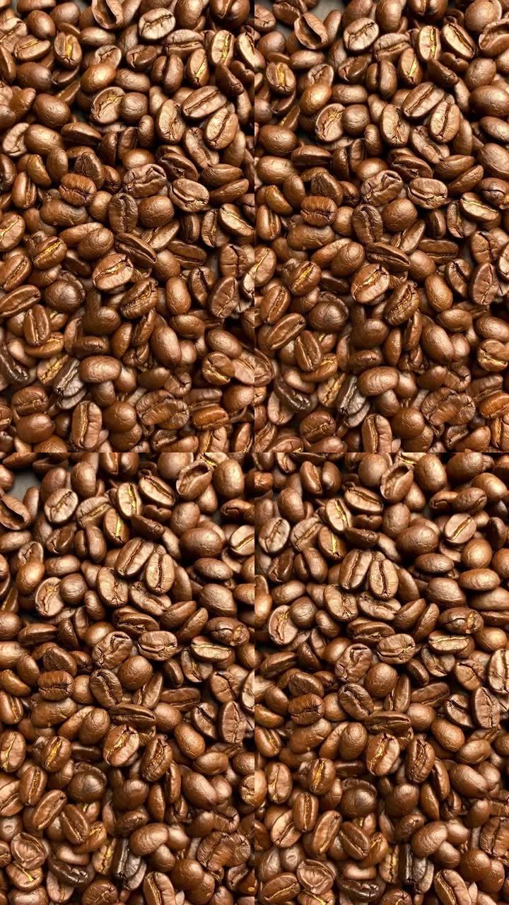咖啡，咖啡豆，烘焙咖啡豆，咖啡的垂直，咖啡豆的特写，咖啡豆的垂直，咖啡豆的慢动作，背景咖啡