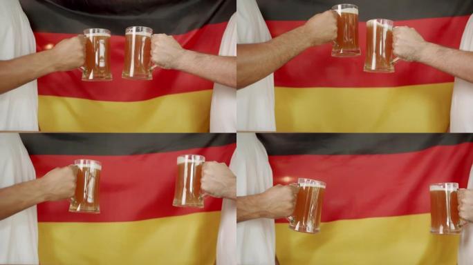 在德国的背景下，人们的手像装满啤酒的玻璃杯一样碰撞