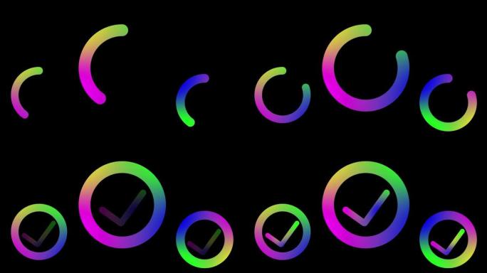 黑色背景上的抽象发光霓虹灯彩虹色框架三圈标志动画。rs 87