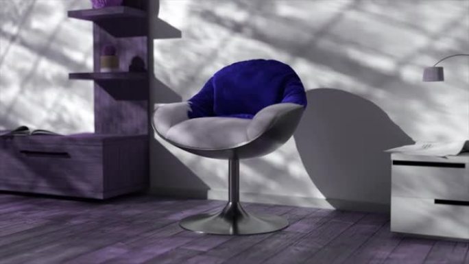 椅子上的灰色织物变成了蓝色天鹅绒。办公家具。白色墙上的阴影。3d动画。