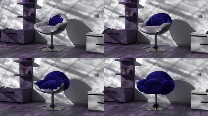 椅子上的灰色织物变成了蓝色天鹅绒。办公家具。白色墙上的阴影。3d动画。