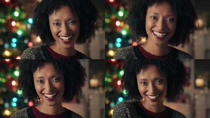 肖像快乐的非洲裔美国妇女在家庆祝圣诞节为节日庆祝活动4k感到兴奋