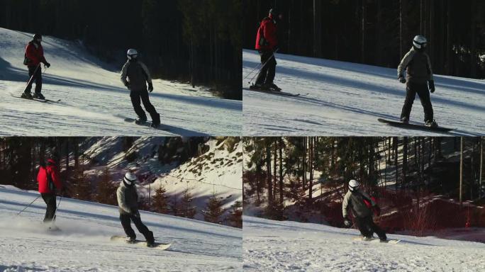 滑雪者在高速公路上骑行