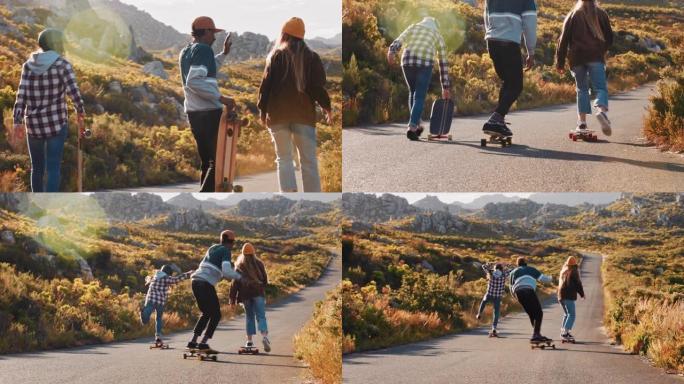 快乐多样的溜冰者朋友高五岁一起享受暑假在乡村道路上使用滑板巡航dowhill